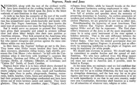 Mustaihoisia käytettiin myös liikekannallepanossa kansallissosialistista Saksaa vastaan. Ote NAACP:n lehdestä Crisis Magazine marraskuussa 1938.